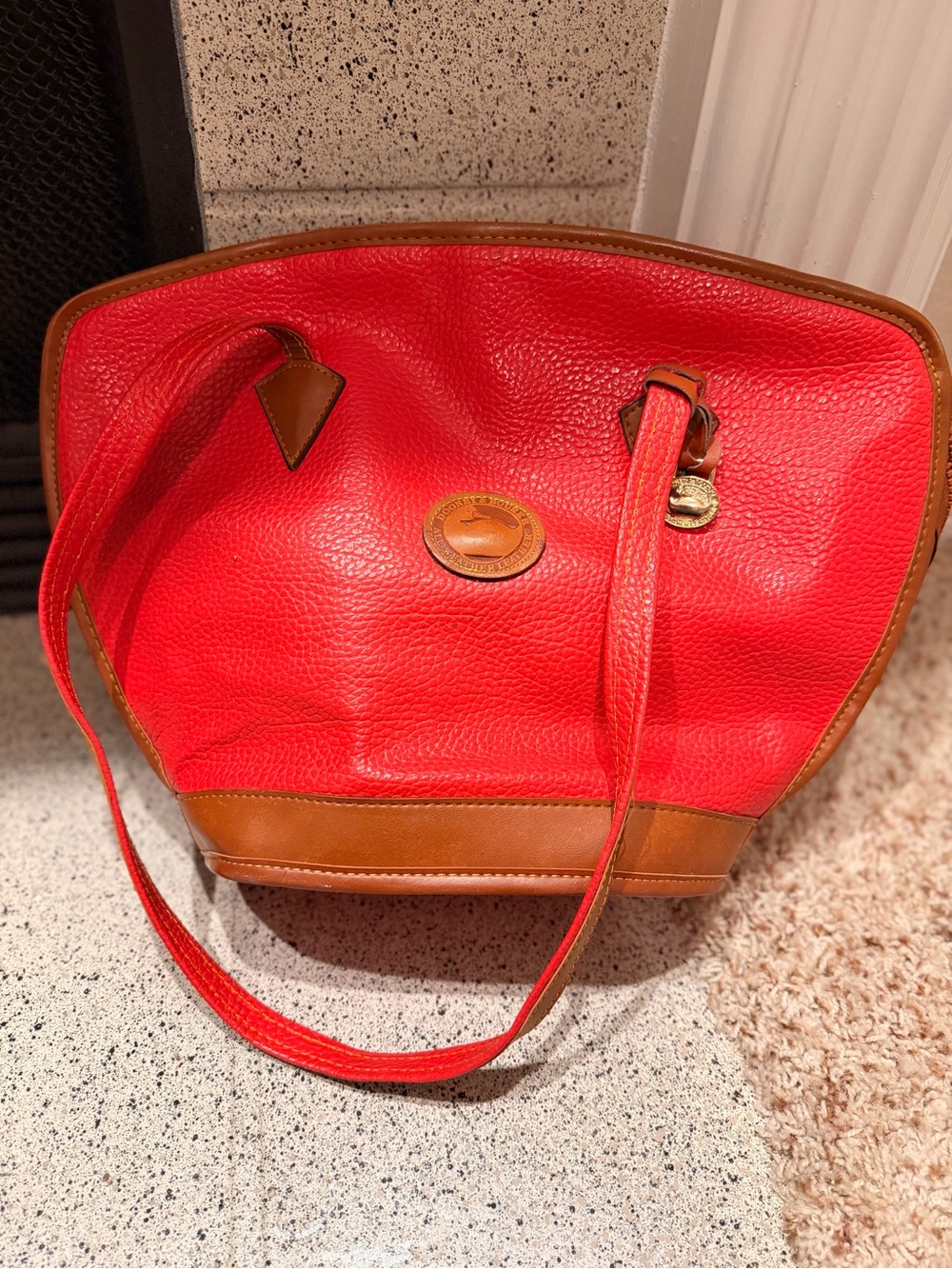 Dooney & Bourke Red Pebbled Leather Shoulder Bag with Brown Trim